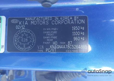 2012 Kia Optima Ex z USA, uszkodzony, nr VIN KNAGN4A78C5264865